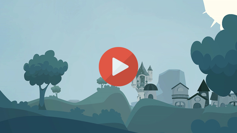 Vidéo IA en motion design : village animé stylisé avec château, arbres et bouton lecture