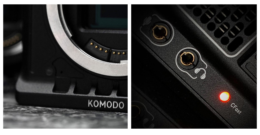 Tournage vidéo d'entreprise : caméra RED Komodo, monture d'objectif et voyant CFast en gros plan