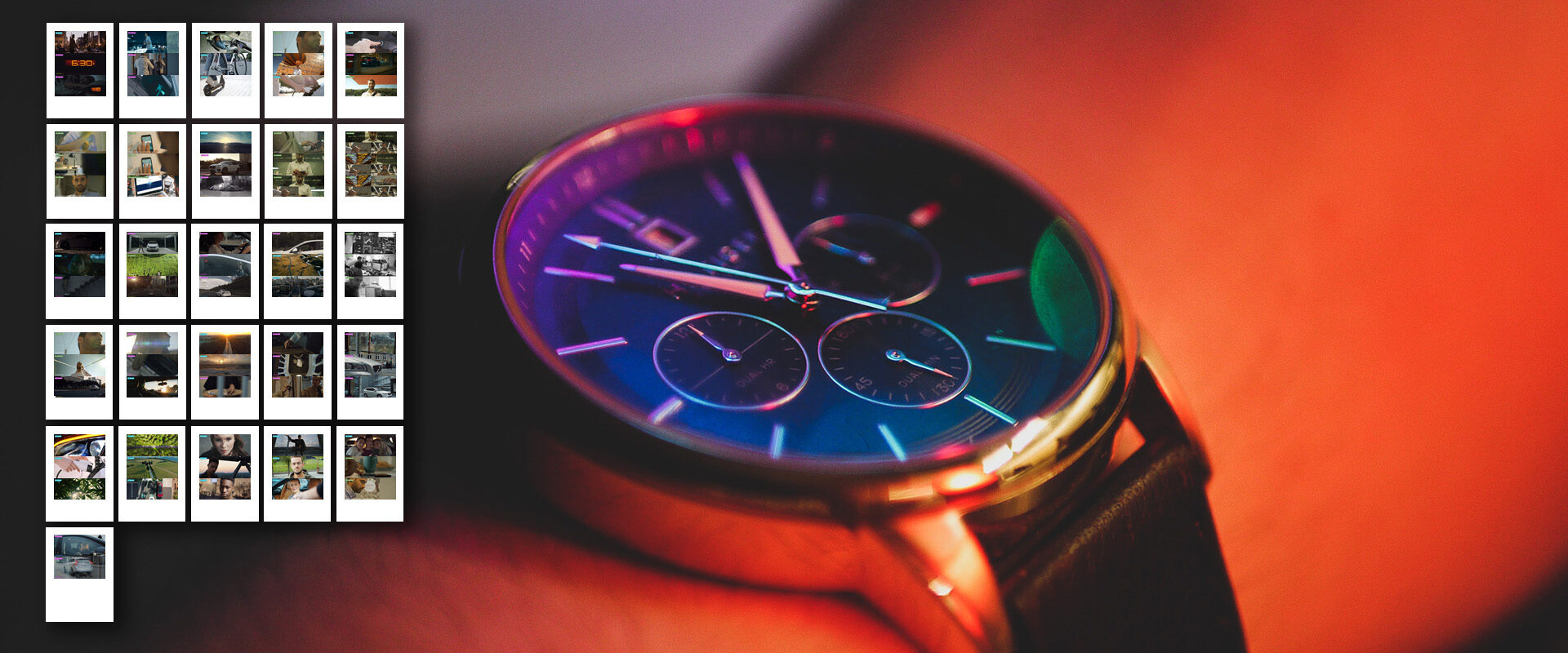 Spot publicitaire Optimum Automotive : moodboard de photos polaroid et gros plan sur une montre chronographe