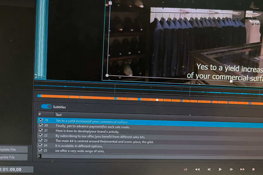Montage vidéo d'entreprise : écran de logiciel avec sous-titres anglais synchronisés sur boutique textile