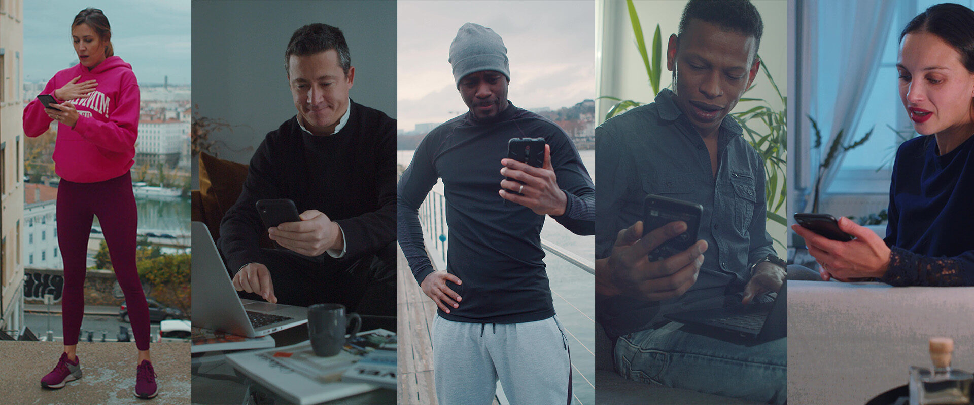 Spot publicitaire MYM : cinq personnes aux profils variés consultant leur smartphone au quotidien