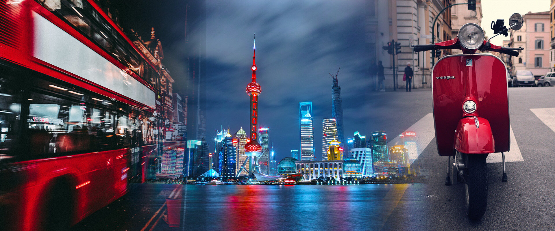 Vidéo d'entreprise multilingue : montage composite bus londonien, skyline de Shanghai et Vespa italienne