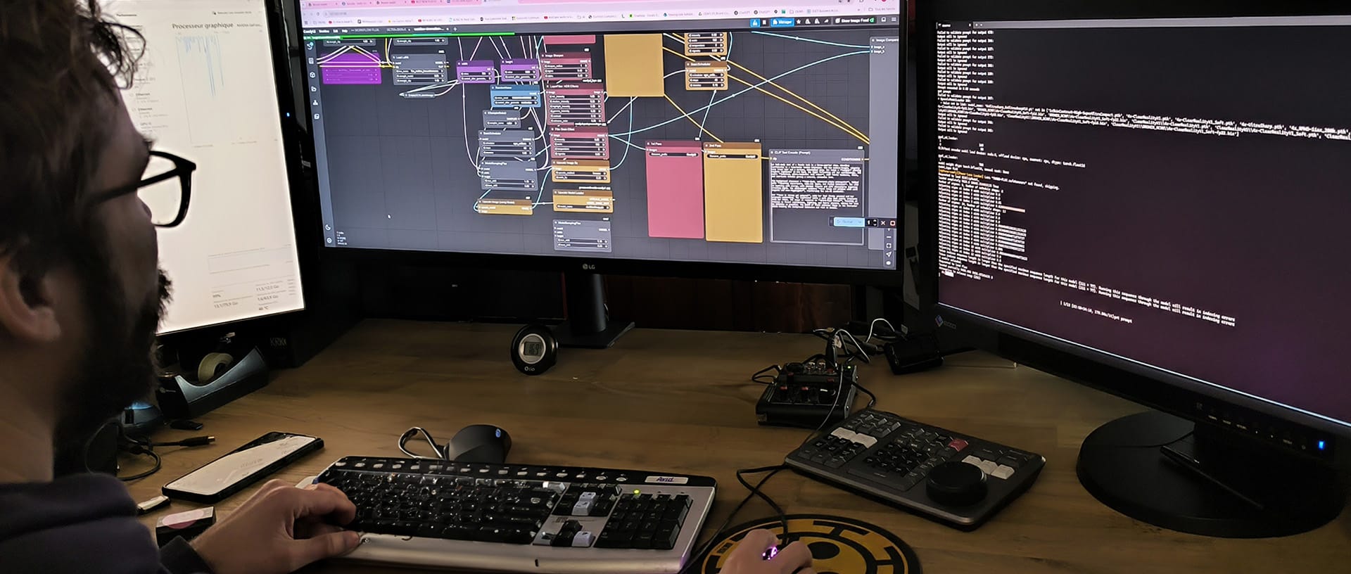 Vidéo IA en open source : monteur configurant un nœud de composition sur plusieurs écrans