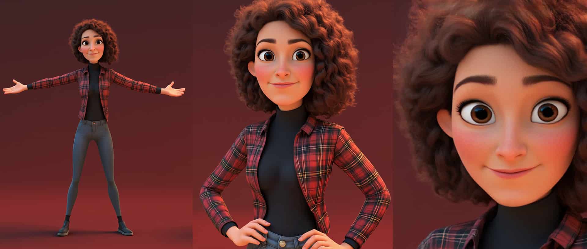 Vidéo IA : personnage 3D féminin animé, cheveux bouclés et chemise à carreaux, présenté sous trois angles