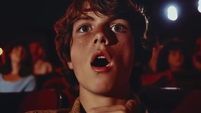Vidéo IA : jeune garçon bouche ouverte, regard stupéfait dans une salle de cinéma