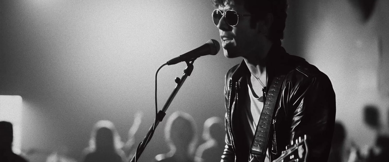 Vidéo IA célébrant l'humain : chanteur en veste de cuir et lunettes noires sur scène en noir et blanc