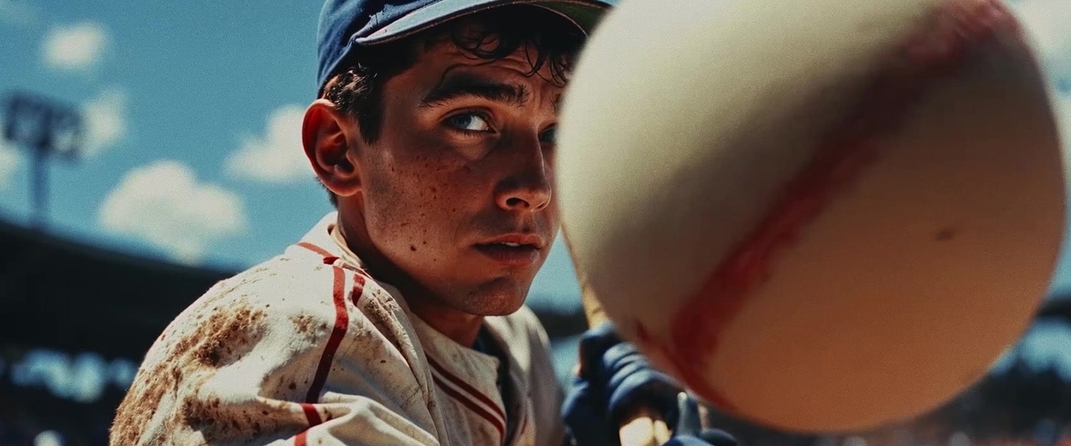 Vidéo IA : joueur de baseball concentré au maquillage réaliste tenant sa batte au stade