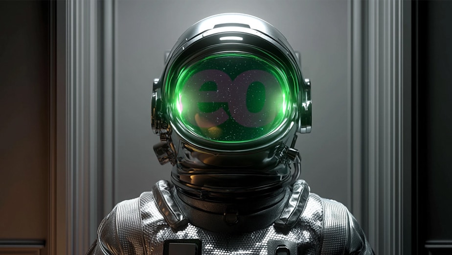 Vidéo IA générative : cosmonaute au casque reflétant le logo eo créé par intelligence artificielle