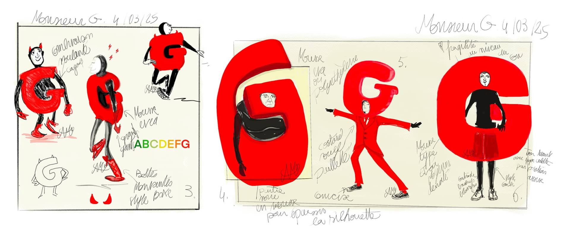 Spot publicitaire Bail Rénov' : storyboard illustré du personnage mascotte lettre G en croquis