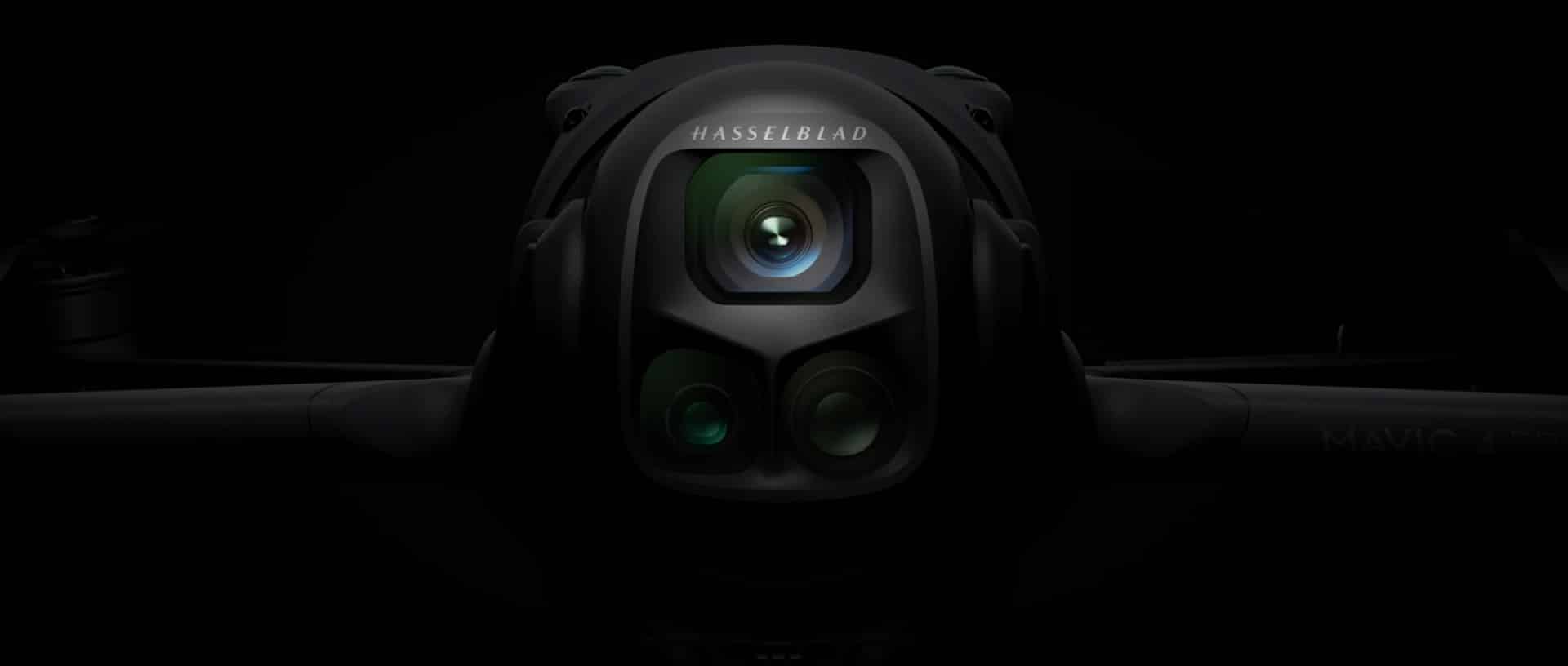 Tournage vidéo d'entreprise au drone : gros plan sur la caméra Hasselblad du DJI Mavic 4 Pro