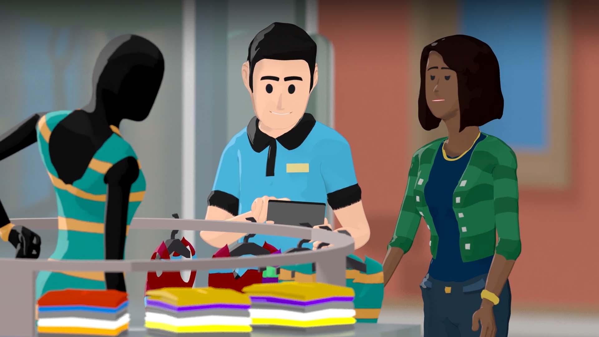 Vendeur animé conseillant une cliente en magasin, film de présentation Pebix Avem pour le retail