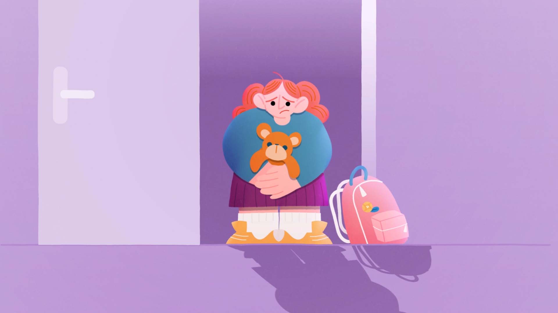 Fillette animée serrant un ourson devant une porte — CIDFF, sensibilisation institutionnelle publique, film d'entreprise