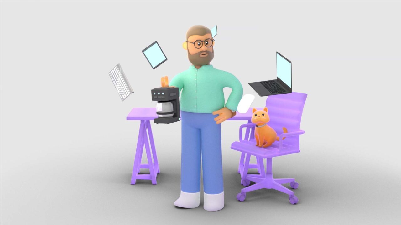 Personnage 3D barbu entouré d'appareils numériques flottants, campagne vidéo Cyberprotect cybersécurité