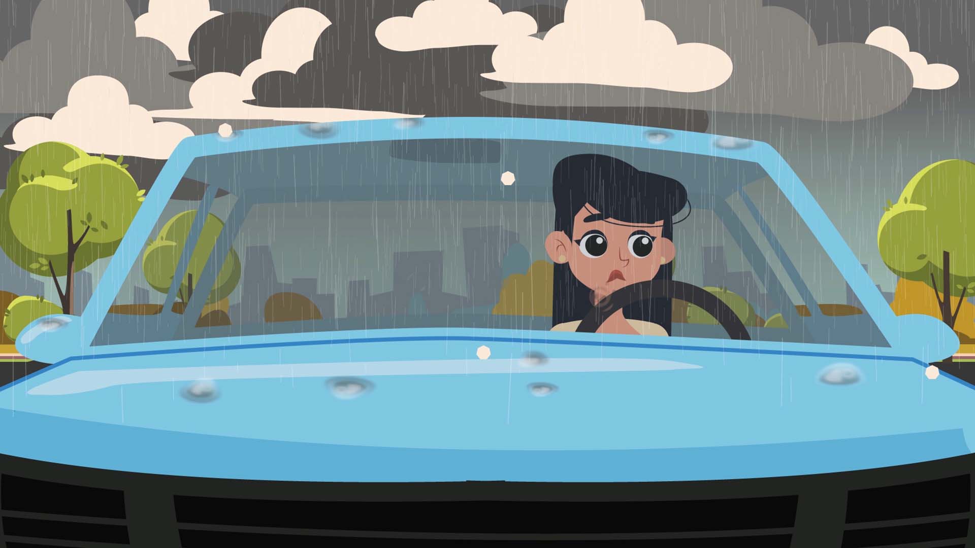 Conductrice animée inquiète sous une pluie de grêle, film de marque Dentmaster dégrêlage automobile
