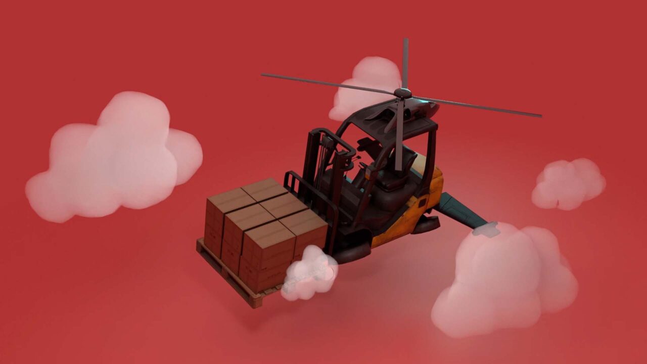 Chariot élévateur-hélicoptère 3D transportant des colis, animation humoristique Dimotrans logistique, résumé vidéo d'événement