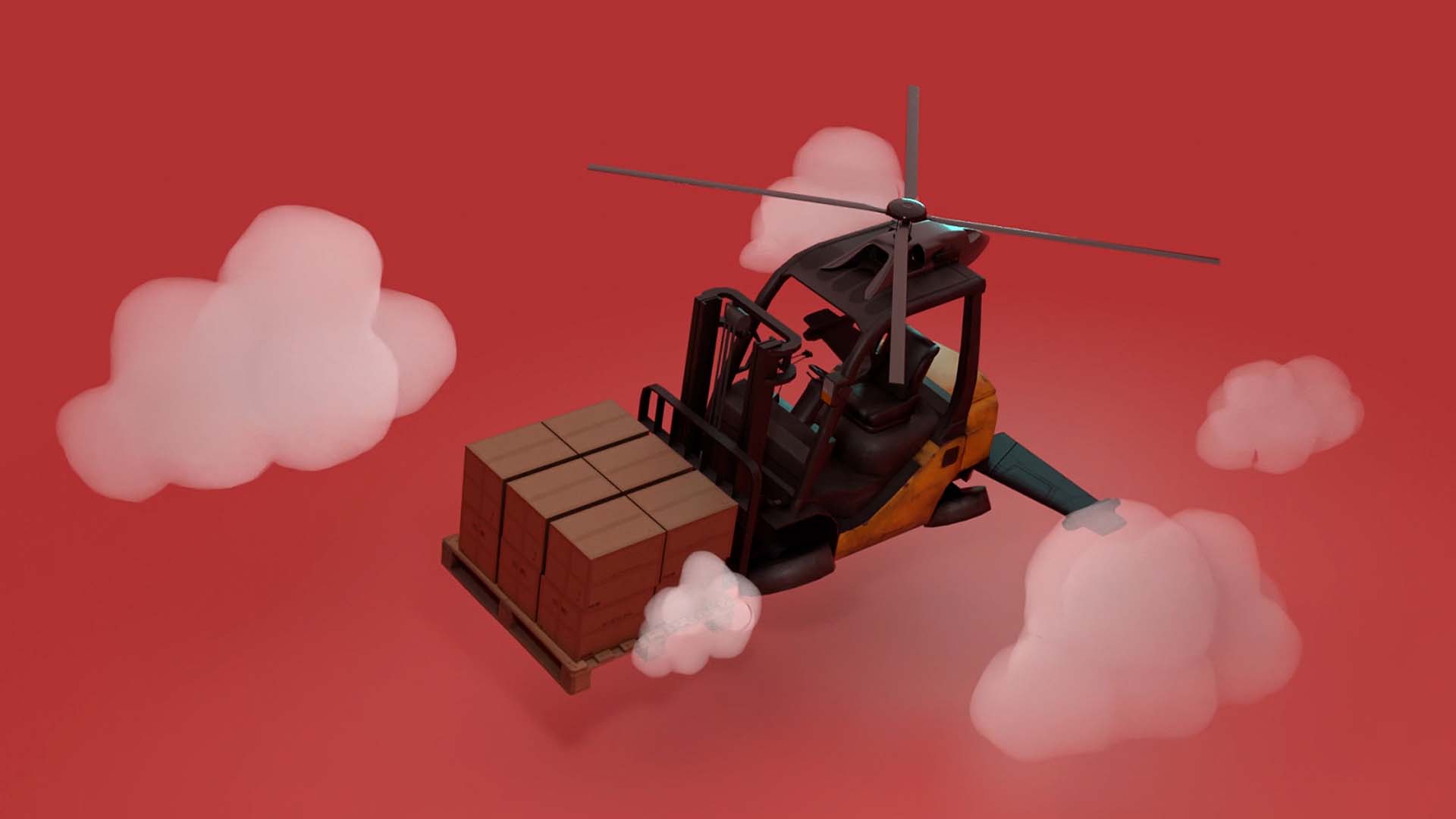 Chariot élévateur-hélicoptère 3D transportant des colis, animation humoristique Dimotrans logistique, résumé vidéo d'événement