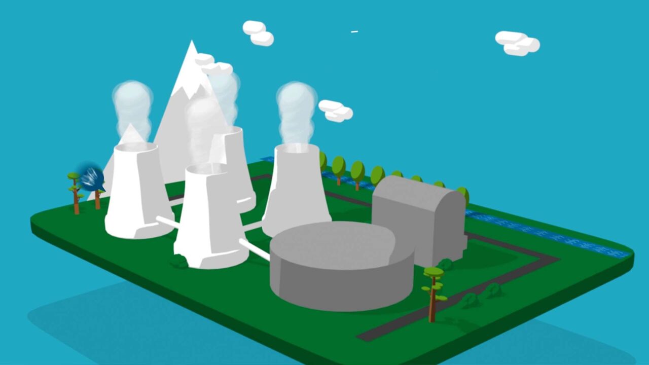 Centrale nucléaire 3D stylisée avec tours de refroidissement, motion design pédagogique pour la vidéo institutionnelle Engie