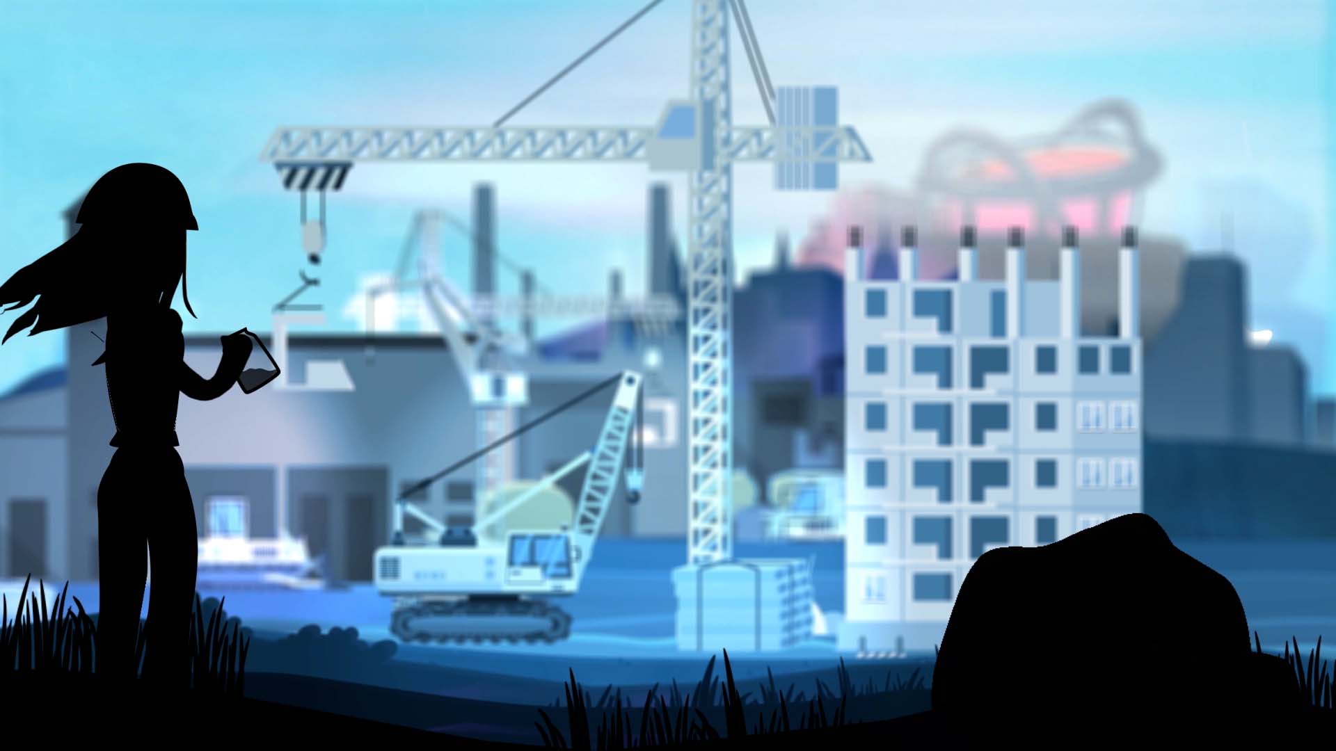 Silhouette d'ingénieure sur chantier animé avec grues, vidéo institutionnelle Ginger CEBTP spécialiste des sols pollués