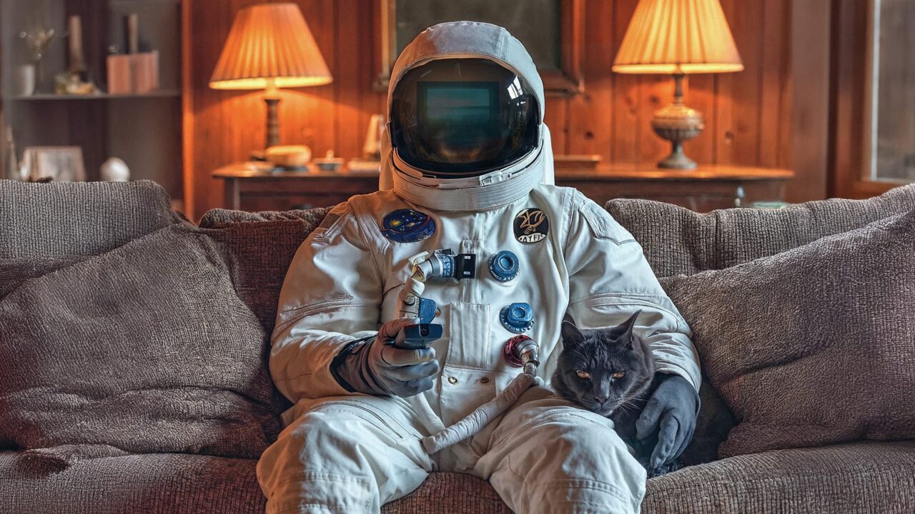 Astronaute en combinaison spatiale assis avec un chat, scène décalée pour le film institutionnel Smart Good Things Bbp