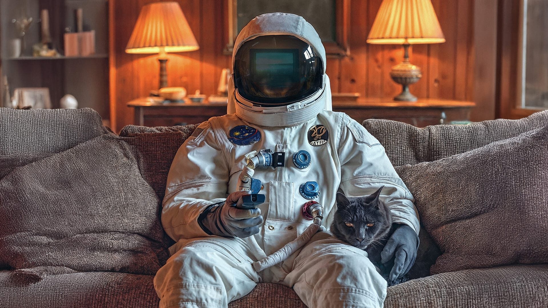 Astronaute en combinaison spatiale assis avec un chat, scène décalée pour le film institutionnel Smart Good Things Bbp