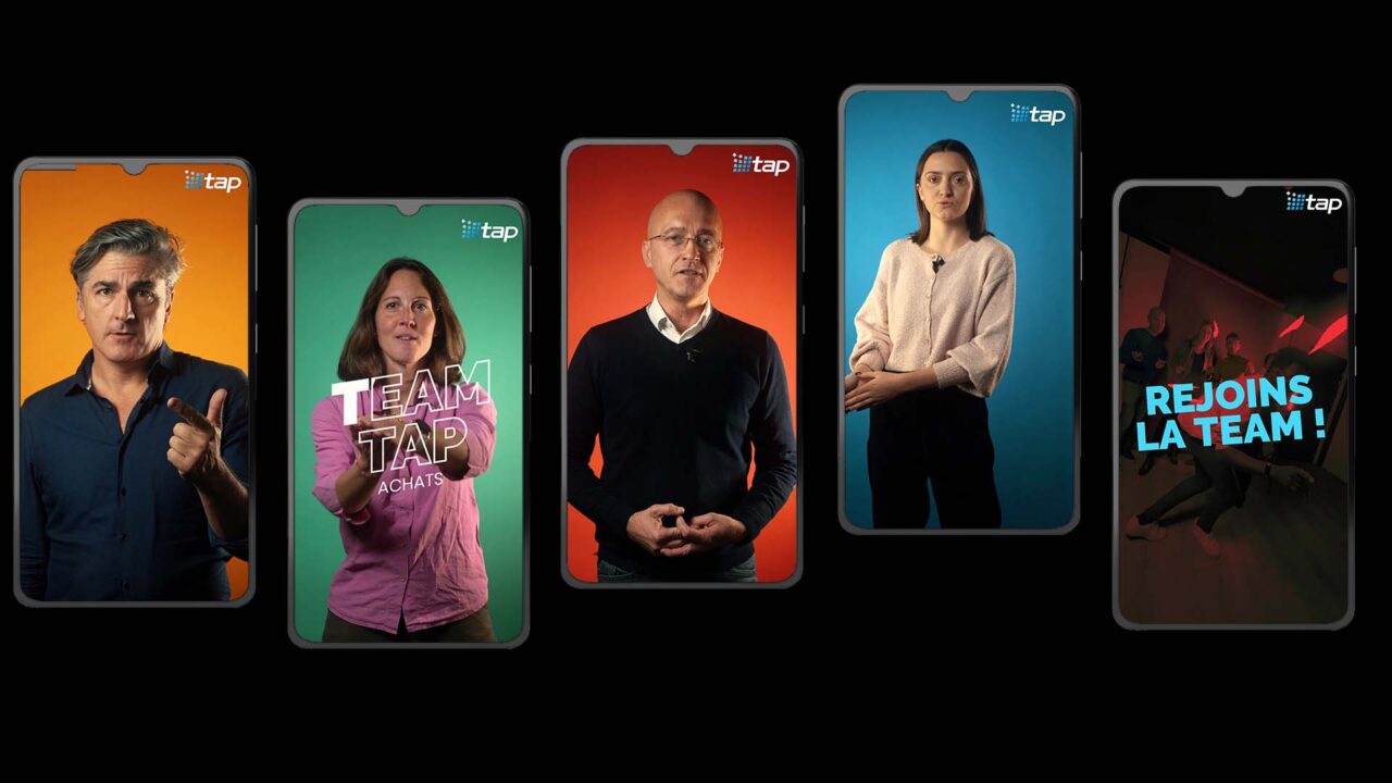 Cinq collaborateurs TAP France en capsules verticales colorées, vidéo marque employeur équipement industriel
