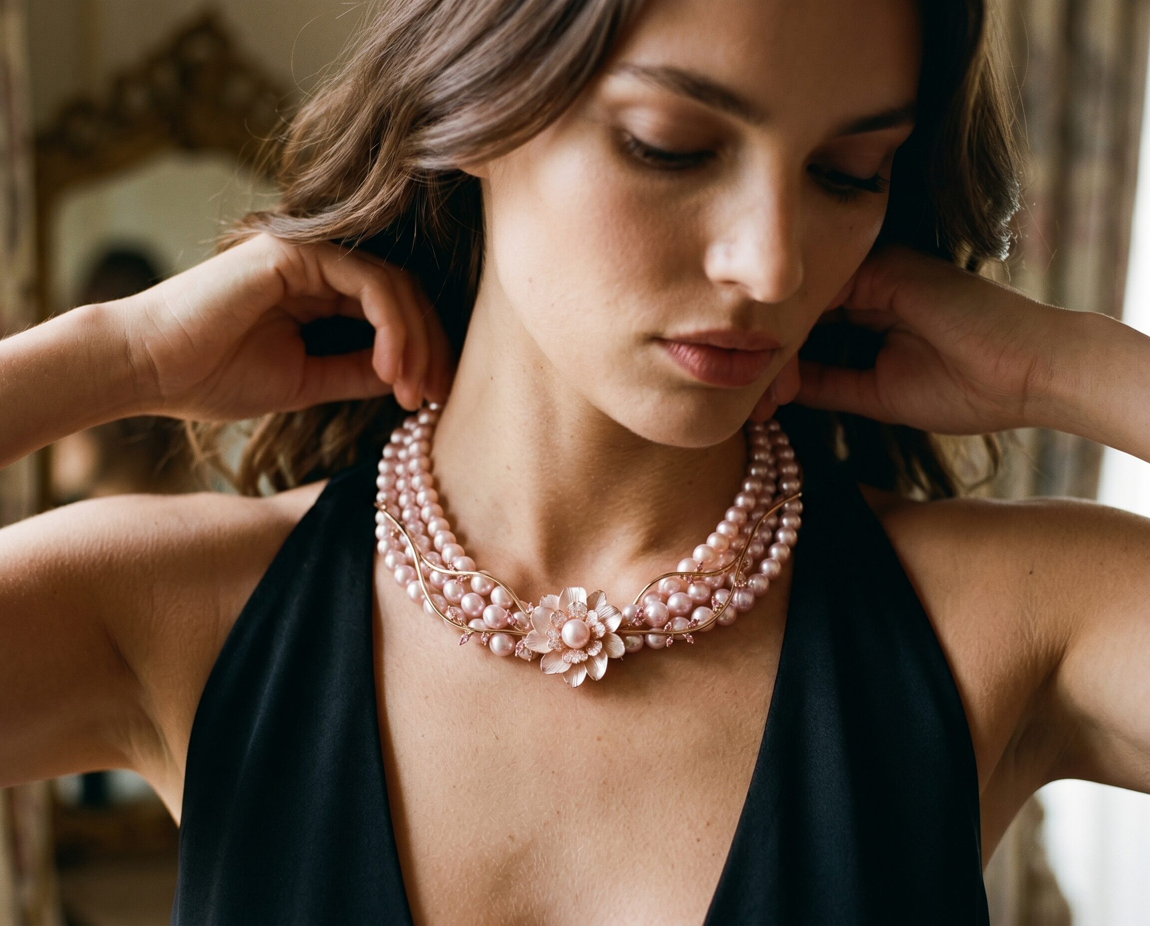 Visuel IA — présentation d'un collier sur mannequin
