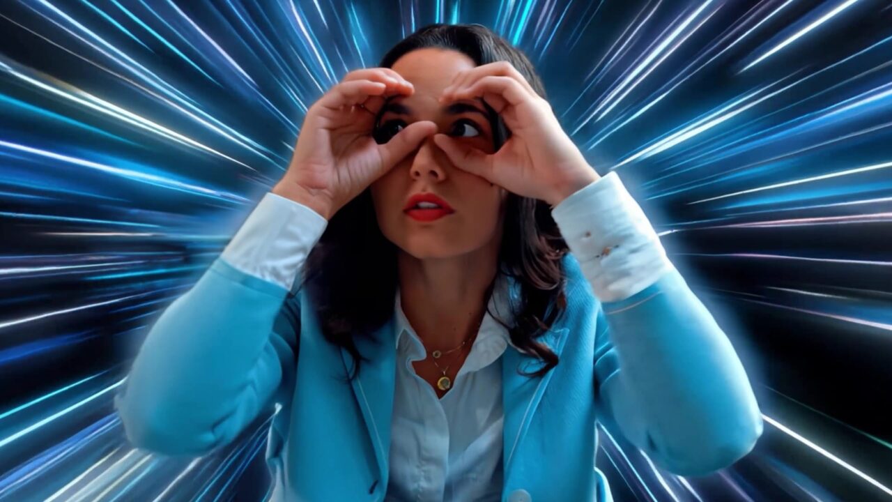 Comédienne mimant des jumelles sur fond lumineux bleu, campagne vidéo Econocom pour sa solution IT i.tem