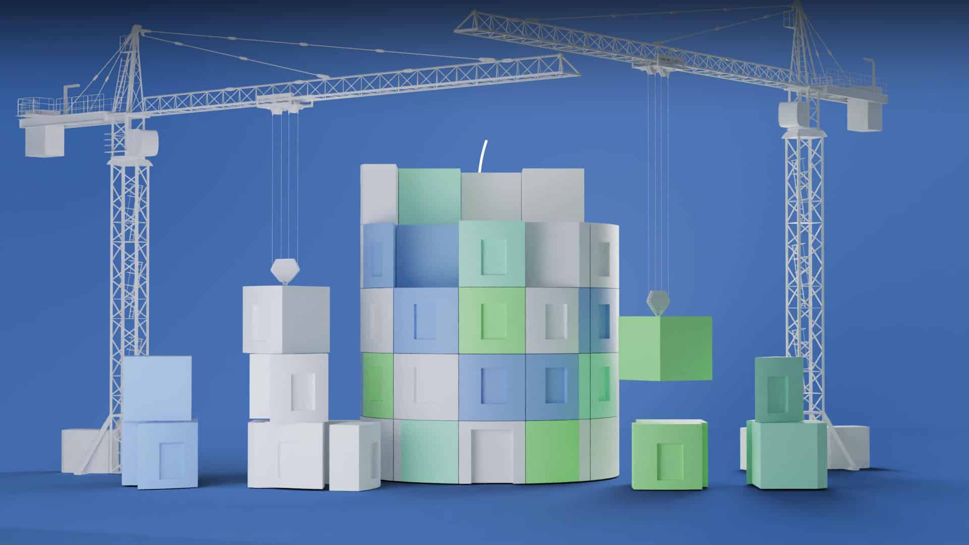Cubes 3D assemblés par des grues, film de marque Groupe Ginger sur l'économie circulaire dans la construction