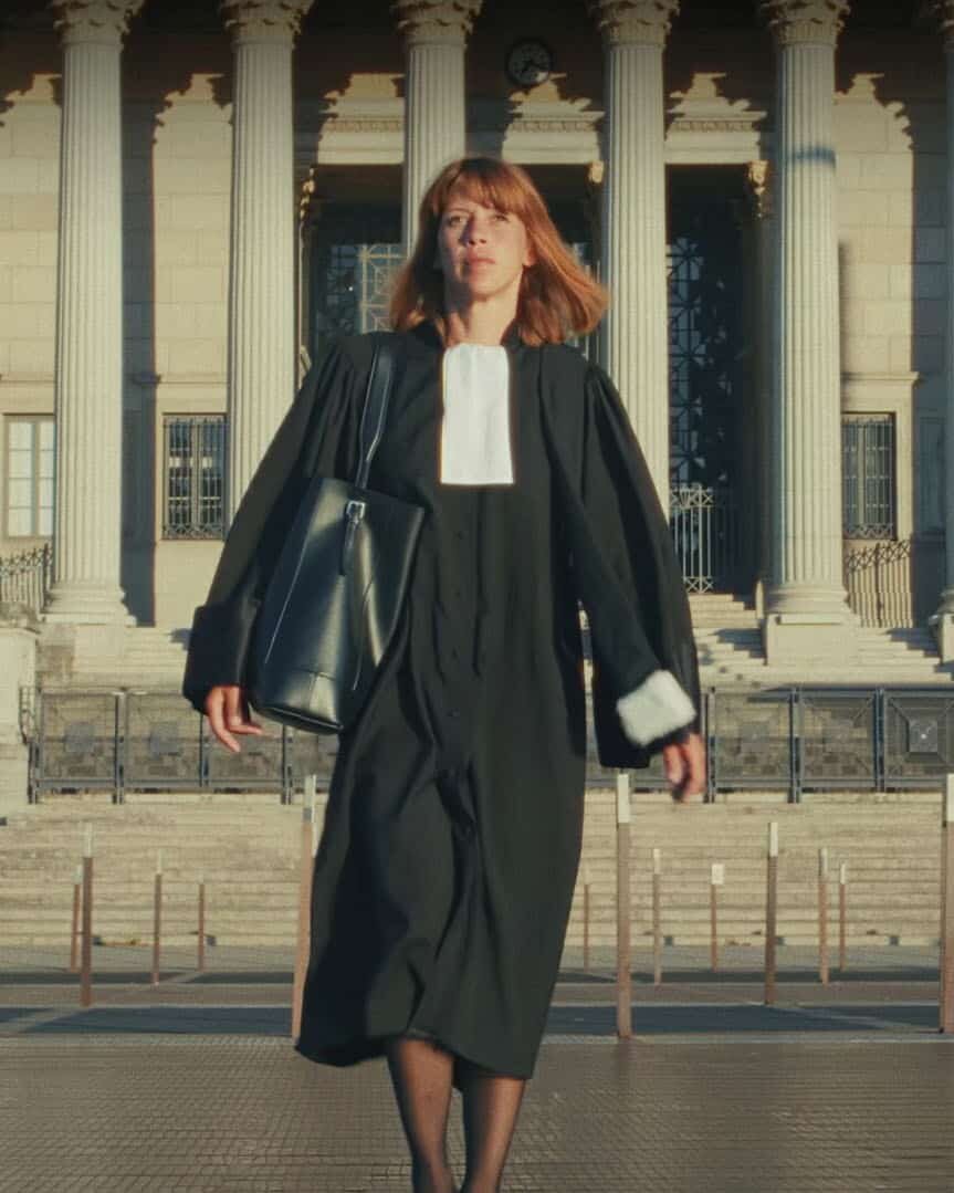 Avocate en robe marchant devant un palais de justice, film d'entreprise Kerialis assureur