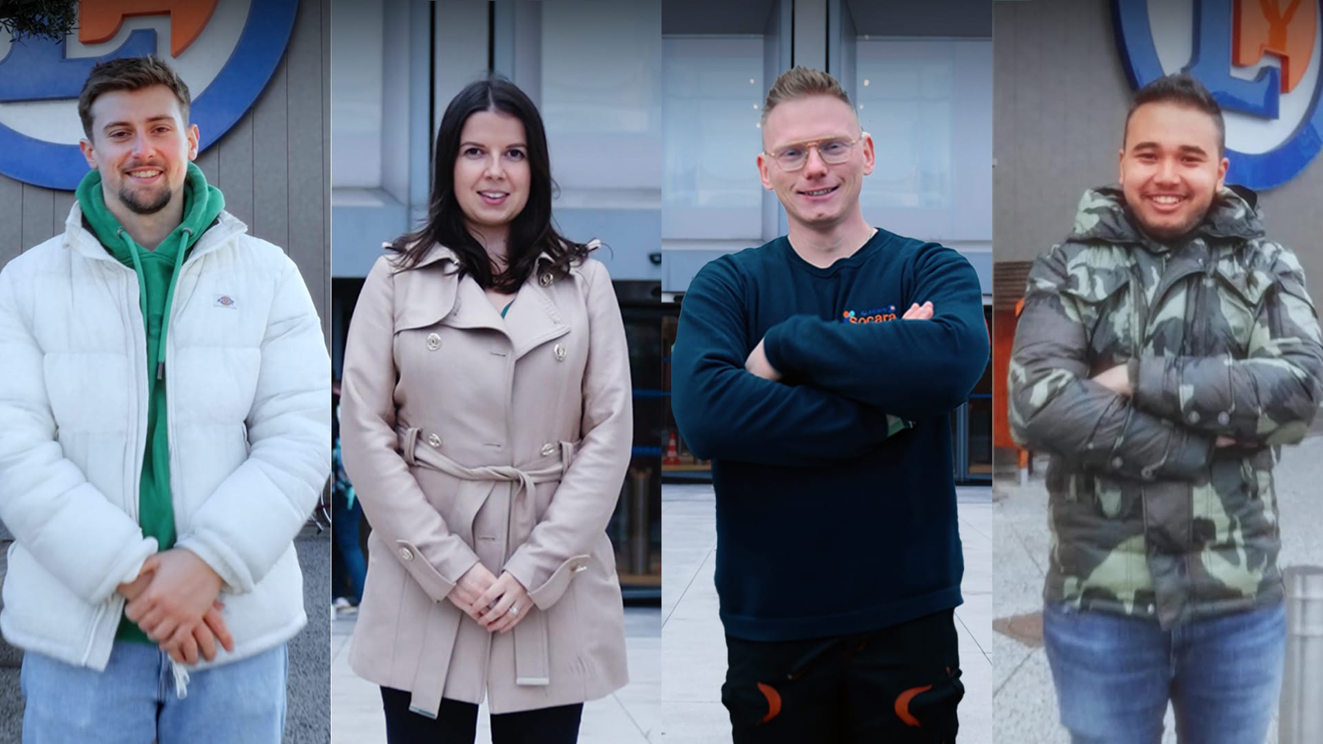 Quatre collaborateurs E. Leclerc souriants devant l'enseigne, film de recrutement grande distribution