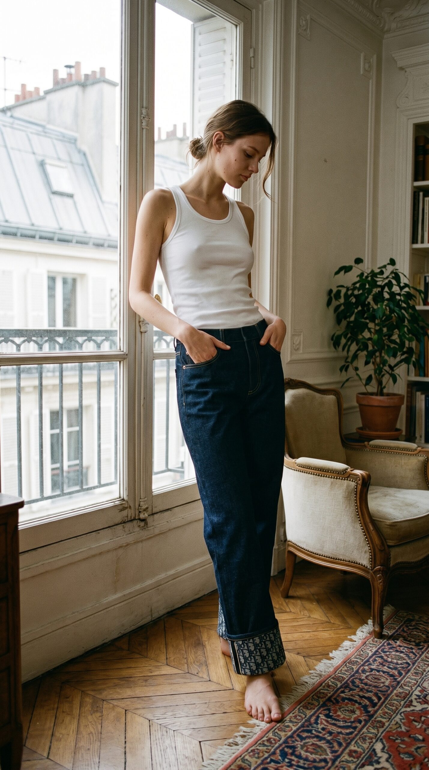 Visuel IA — shooting de mode dans un appartement haussmannien