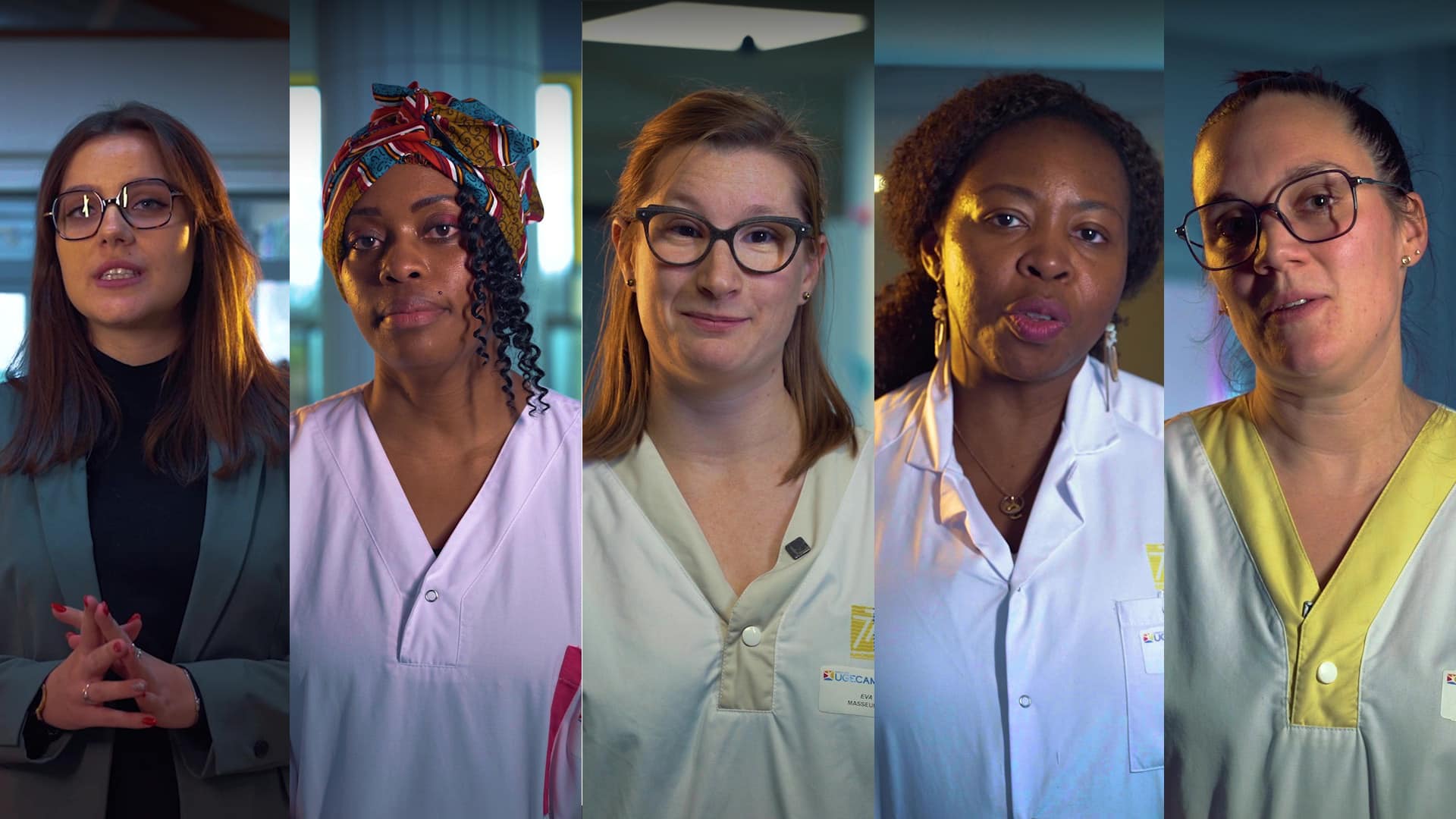 Cinq soignantes en blouse témoignent en milieu hospitalier, film marque employeur UGECAM Île-de-France