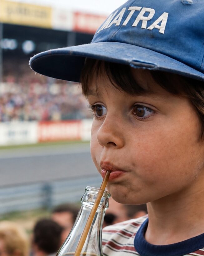 Spot publicitaire Segula Technologies : jeune garçon buvant une boisson devant une course automobile d'époque